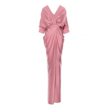 Rochie cu design drapat si slit frontal - Roz prafuit