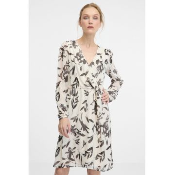 Rochie cu maneci lungi si model - Alb fildes/Gri antracit