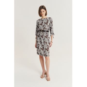 Rochie cu model si maneci 3/4 - Alb/Maro