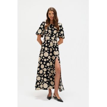 Rochie cu slit lateral si buline - Negru/Bej deschis