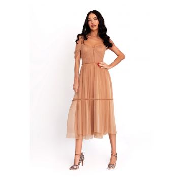 Rochie cu strat exterior cu tul - Maro nisip