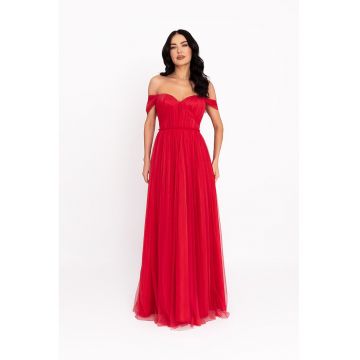 Rochie cu tul si decolteu pe umar - Rosu