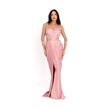 Rochie de satin cu detaliu floral - Roz pastel