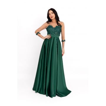 Rochie de satin cu insertii din tul - Verde englez