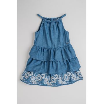 Rochie din chambray - cu broderii - Albastru inchis