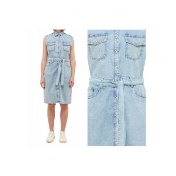 Rochie Din Denim -  Stil Brooklyn - Marime S - Culoare Albastru - Croi Drept - Inchidere Nasturi - Numar De Buzunare 7 - Albastru