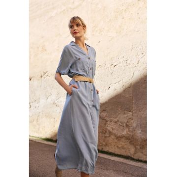 Rochie din lyocell cu curea albastra - Albastru