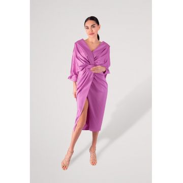 Rochie din satin cu aspect drapat - Roz orhidee