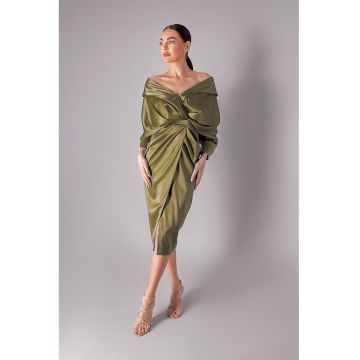 Rochie din satin cu aspect drapat - Verde masliniu