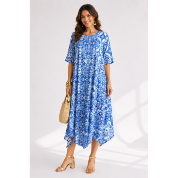 Rochie din vascoza satinata cu imprimeu mediteranean albastru - Copie