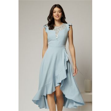 Rochie DY Fashion bleu asimetrica cu aplicatii la decolteu si volanas