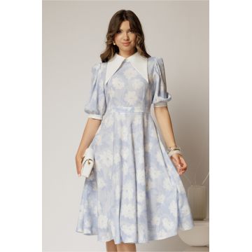 Rochie DY Fashion midi imprimeu floral bleu cu guler ascutit si maneci bufante