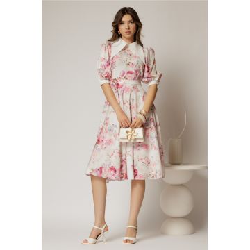 Rochie DY Fashion midi imprimeu floral roz cu guler ascutit si maneci bufante