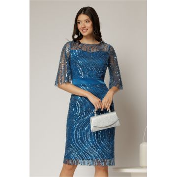 Rochie DY Fashion midi turcoaz din paiete si margele elegante