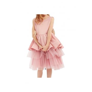 Rochie Eleganta de Fetiță Roz Pudră cu Fundă și Tulle – Ideală pentru Evenimente Speciale: Nuntă - Comunione - Bal sau Aniversare