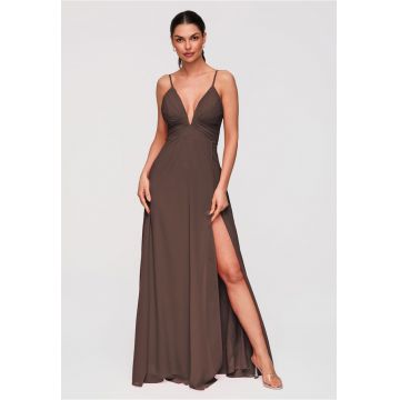 Rochie eleganta maxi cu decolteu V si bretele inguste - ajustabile - Maro