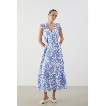 Rochie evazata cu decolteu in V si volane - Albastru pastel/Alb optic