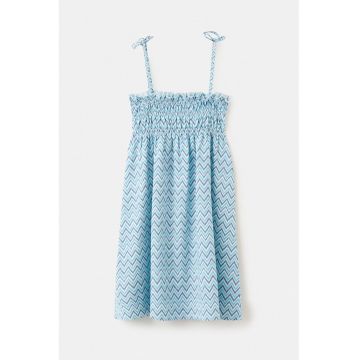 Rochie evazata cu model herringbone - Alb/Albastru inchis/Turcoaz
