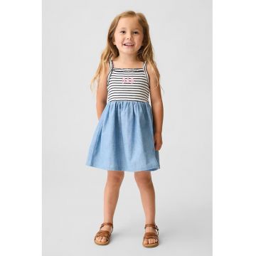 Rochie evazata dib bumbac cu logo brodat - Alb/Albastru deschis
