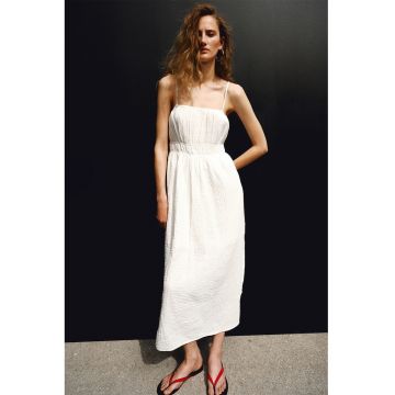 Rochie evazata din bumbac cu insertie elastica in talie - Alb