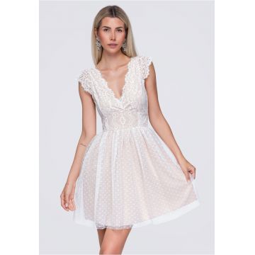 Rochie evazata din dantela - cu decolteu in V LA-OM-DLR424 - Alb