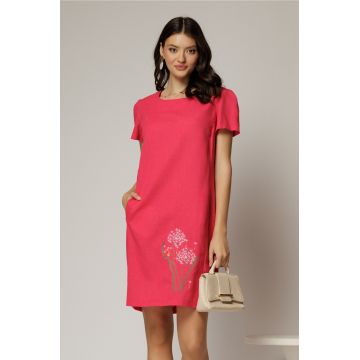 Rochie fucsia din in cu flori brodate si croi drept