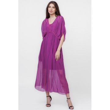 Rochie   Goddess   din matase si vascoza cu snur impletit pe decolteu si talie, magenta