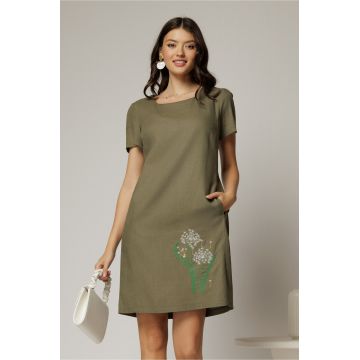 Rochie kaki din in cu flori brodate si croi drept