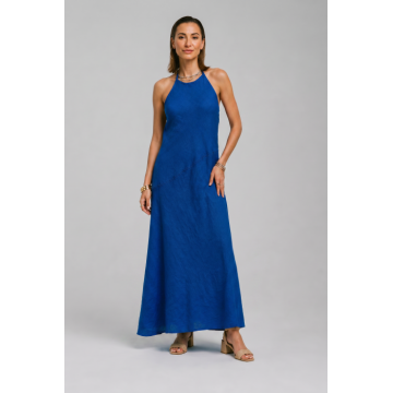Rochie lunga, asimetrica, din in, cu spatele gol, albastru electric