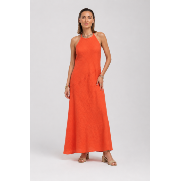 Rochie lunga, asimetrica, din in, cu spatele gol, rosu tangerine