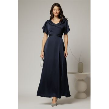 Rochie lunga bleumarin de ocazie din voal