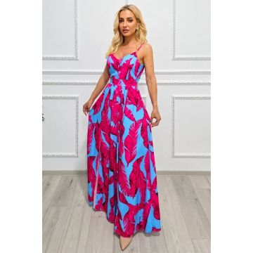 Rochie lunga Camelea, cu imprimeu floral, spatele gol si funda, Exotic Plume BLUE, Marime S/M