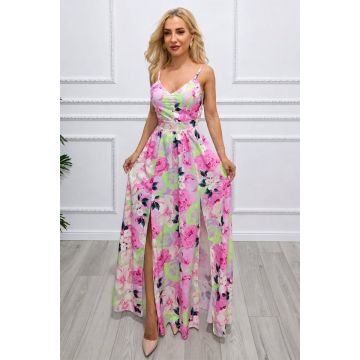 Rochie lunga Camelea, cu imprimeu floral, spatele gol si funda, PINK Peonies, Marime S/M