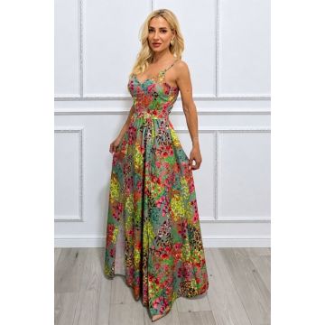 Rochie lunga Camelea, imprimeu floral, spatele gol si funda, GREEN Pastel Bouquet, Marime S/M