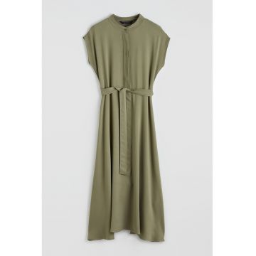 Rochie lunga cu model uni si cordon in talie - Verde sparanghel