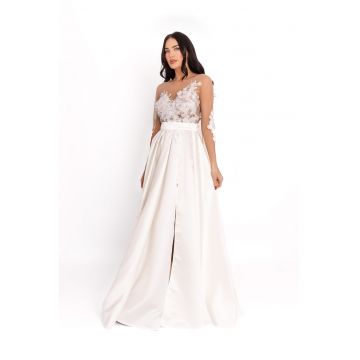 Rochie lunga cu slit frontal si aplicatie florala - Alb optic