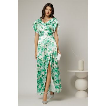 Rochie lunga de ocazie din satin cu imprimeuri verzi