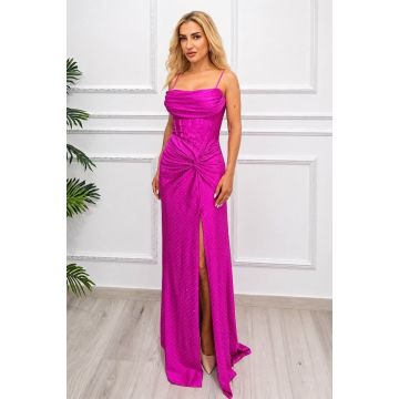 Rochie lunga de ocazie MIRUNEEA, cu crapatura pe picior si cristale, Fucsia, Marime S/M