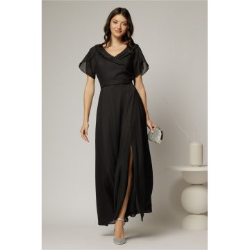 Rochie lunga de ocazie neagra din voal sidefat
