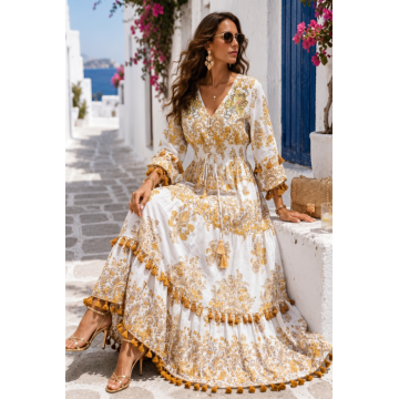 Rochie lunga inspirata de ceramica siciliana si farmecul Mediteranei, galben ocru