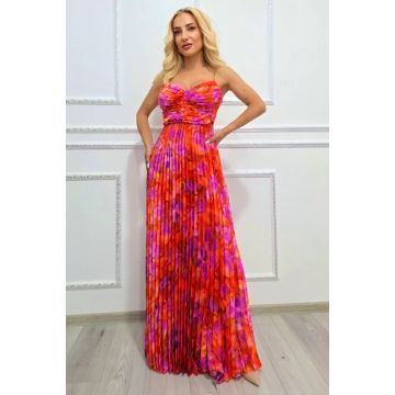 Rochie lunga plisata NYSA, cupe buretate si legare spate, Orange Hortensia, Marime S/M