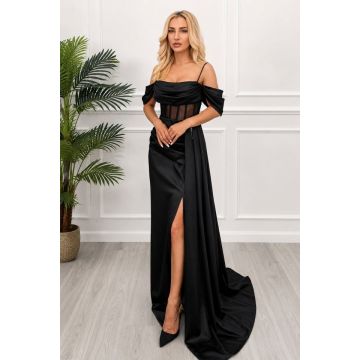 Rochie lungă satinata SABella, tip sirenă, cu fald lateral și trenă, NEGRU