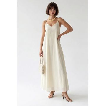 Rochie Maxi -  A-line - decolteu in V - crem - lyocell si poliester