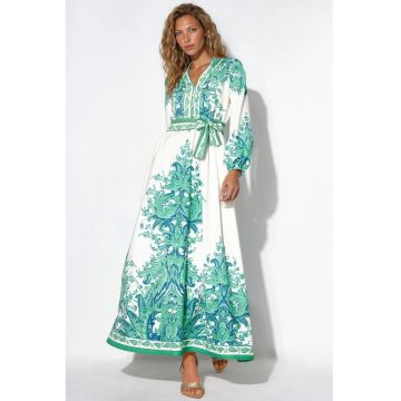 Rochie Maxi -  Albastru - Elegant - Imprimeu Paisley - Maneca lunga - Cordon
