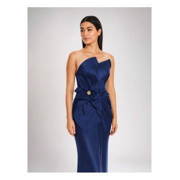 Rochie maxi -  cu aspect satinat - culoare Bleumarin - material sintetic - de ocazie - Bleumarin
