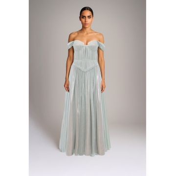 Rochie maxi cu decolteu pe umeri - Albastru glaciar