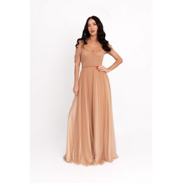 Rochie maxi cu decolteu pe umeri - Roz somon