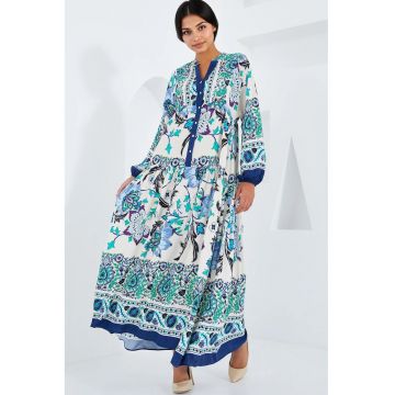 Rochie maxi dama HiCCUP - cu imprimeu - viscoza - maneci lungi - multicolor