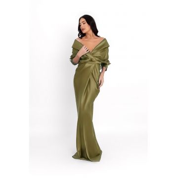 Rochie maxi de satin cu decolteu pe umeri - Verde masliniu