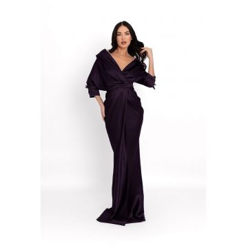 Rochie maxi de satin cu decolteu pe umeri - Violet aubergine
